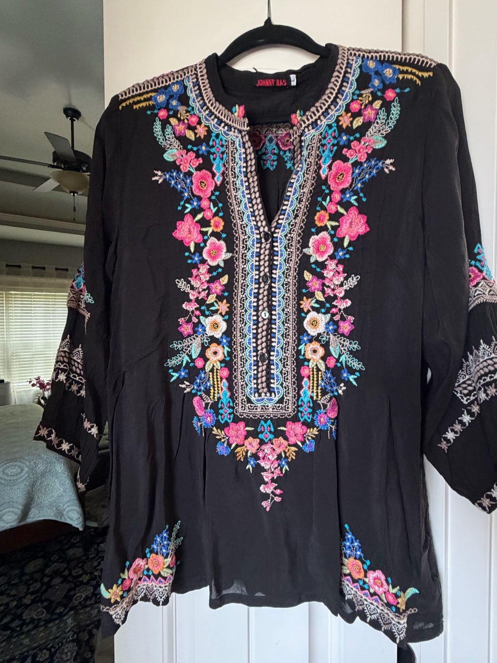 Johnny Was Black Embroidered Floral Peasant Blouse